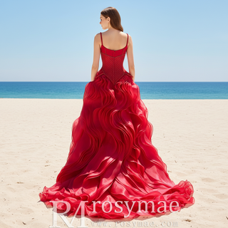 Red Beaded Basque Waist Prom Dress with Geometric Lattice Beadwork & Sculpted Ruffles