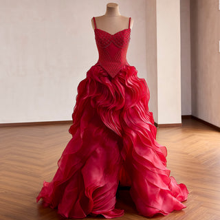 Red Beaded Basque Waist Prom Dress with Geometric Lattice Beadwork & Sculpted Ruffles
