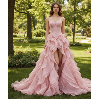 Red Beaded Basque Waist Prom Dress with Geometric Lattice Beadwork & Sculpted Ruffles