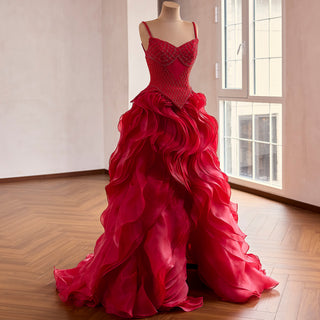 Red Beaded Basque Waist Prom Dress with Geometric Lattice Beadwork & Sculpted Ruffles