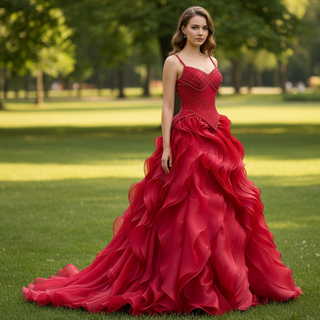 Red Beaded Basque Waist Prom Dress with Geometric Lattice Beadwork & Sculpted Ruffles
