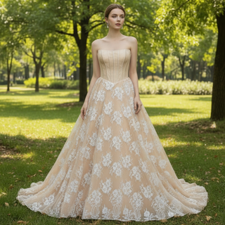 Elegante vestido de novia de encaje floral con escote barco en talla grande