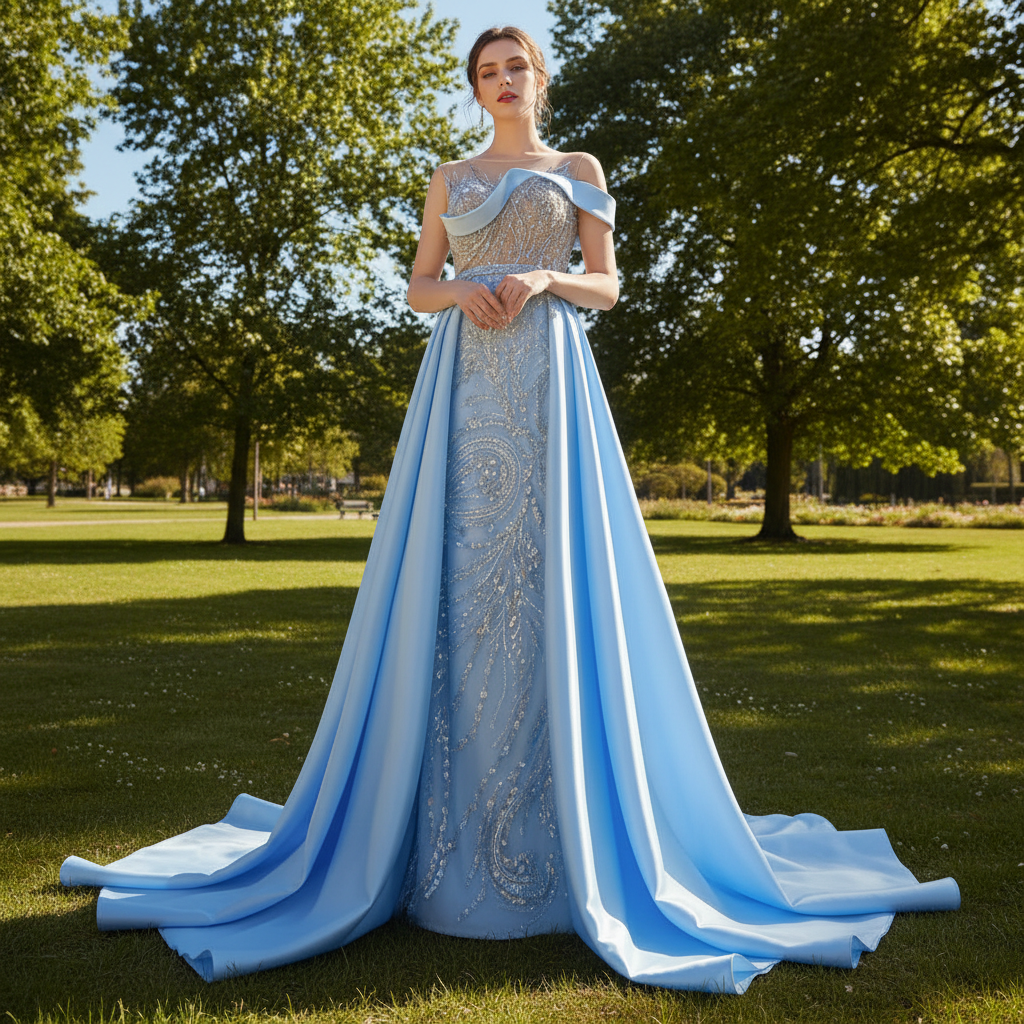 High-end Pool Blue Beading Pearl Sequins Prom Dresses Blue / 4 High-end Pool Blue Beading Pearl Sequins Prom Dresses Blue / 4