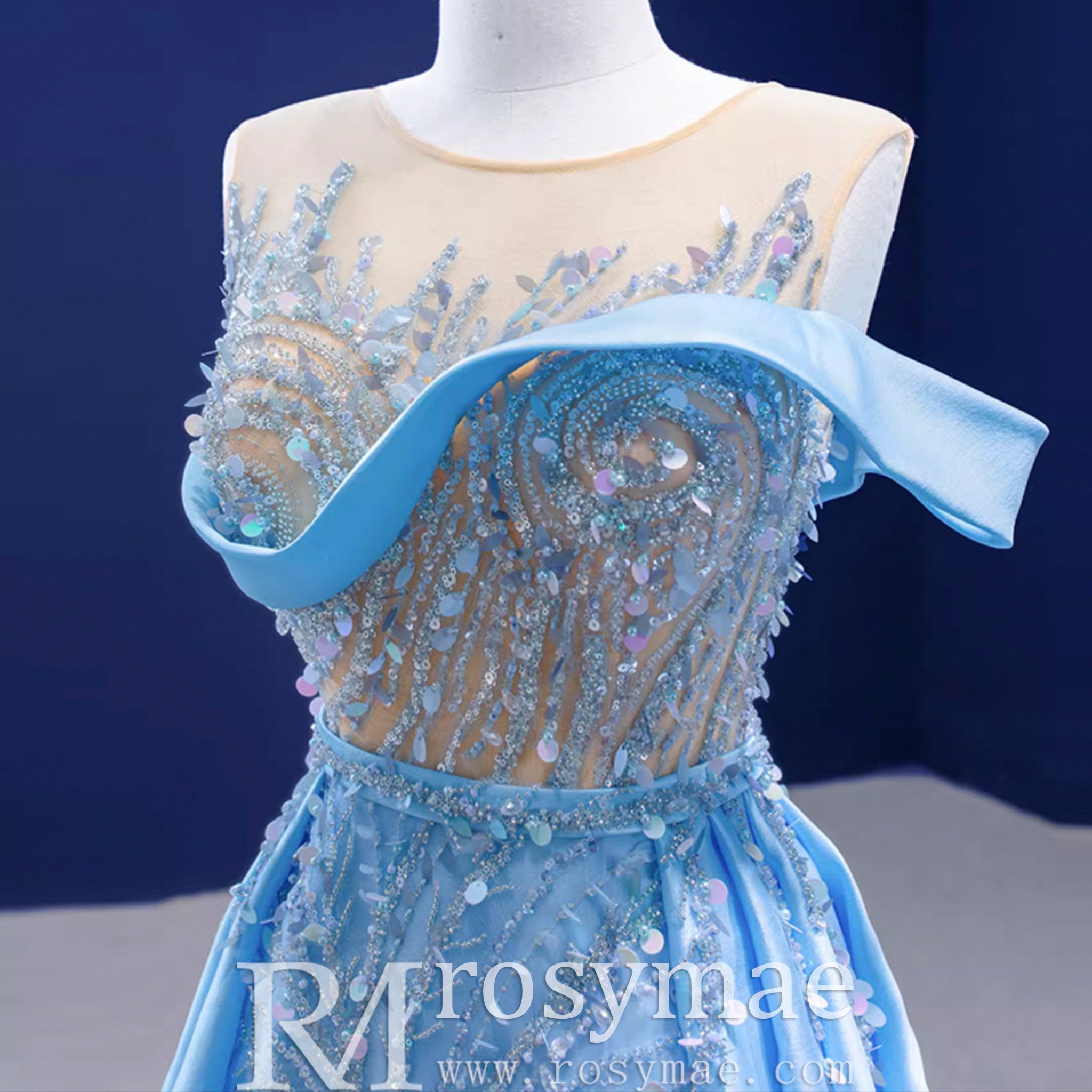 High-end Pool Blue Beading Pearl Sequins Prom Dresses Rosymae High-end Pool Blue Beading Pearl Sequins Prom Dresses Rosymae
