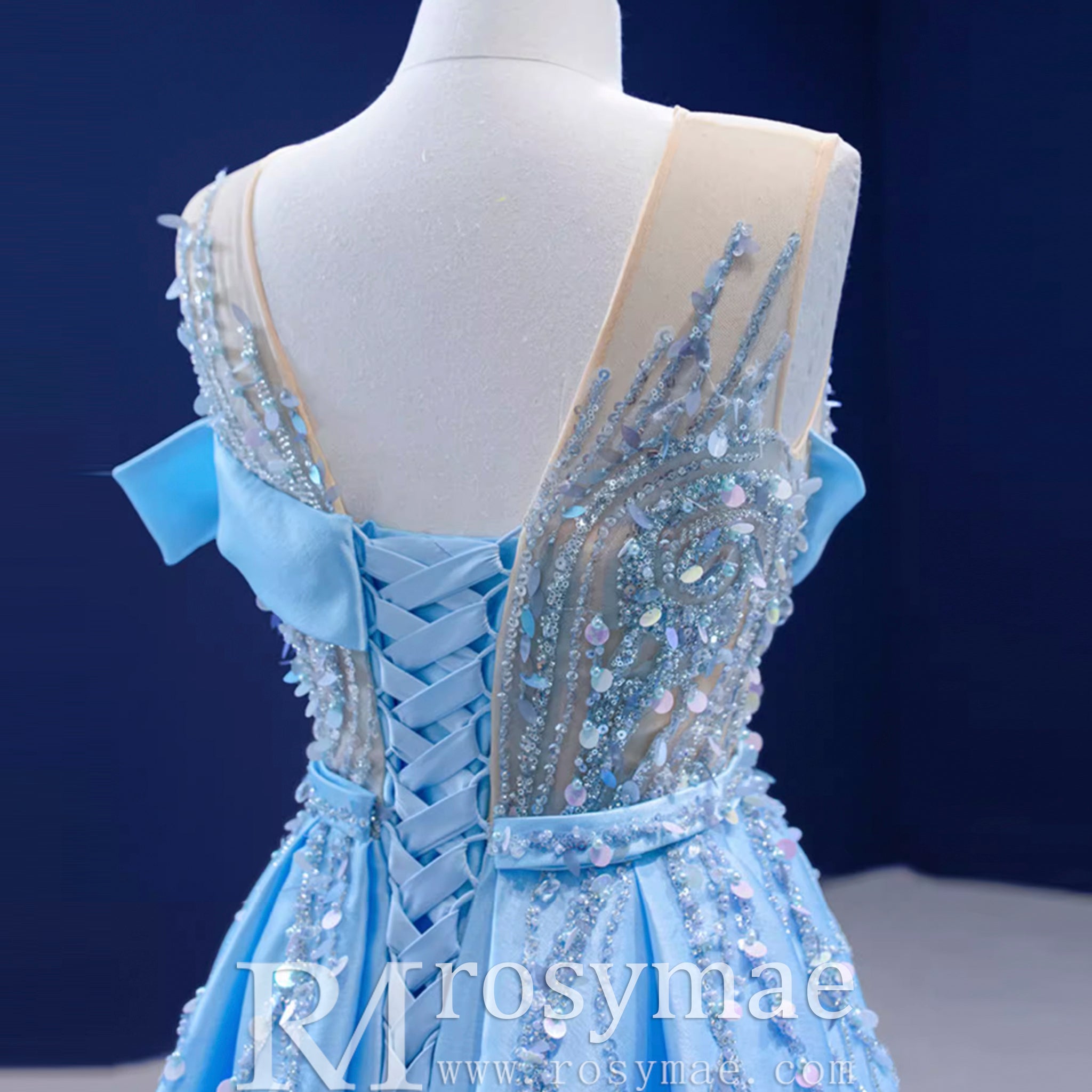 High-end Pool Blue Beading Pearl Sequins Prom Dresses Blue / 4 High-end Pool Blue Beading Pearl Sequins Prom Dresses Blue / 4