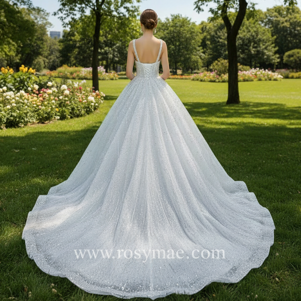 Heavy Beading Luxury Puffy Wedding Dress with Wide Straps White / 16W Heavy Beading Luxury Puffy Wedding Dress with Wide Straps White / 16W