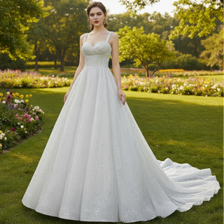 Heavy Beading Luxury Puffy Wedding Dress with Wide Straps