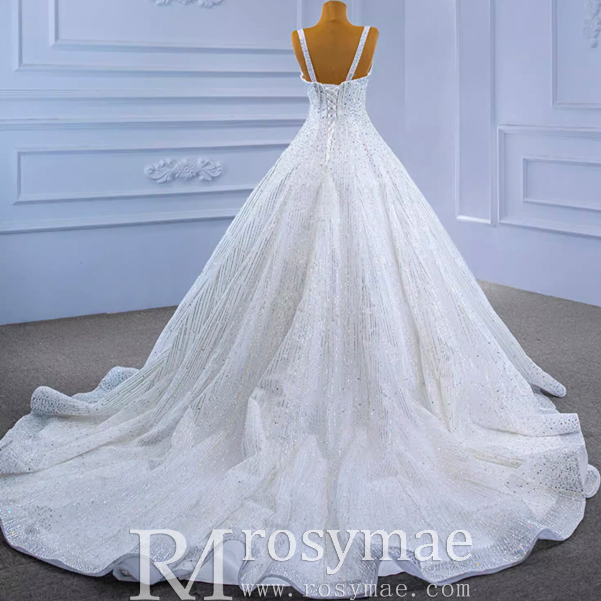 Heavy Beading Luxury Puffy Wedding Dress with Wide Straps White / 16W Heavy Beading Luxury Puffy Wedding Dress with Wide Straps White / 16W