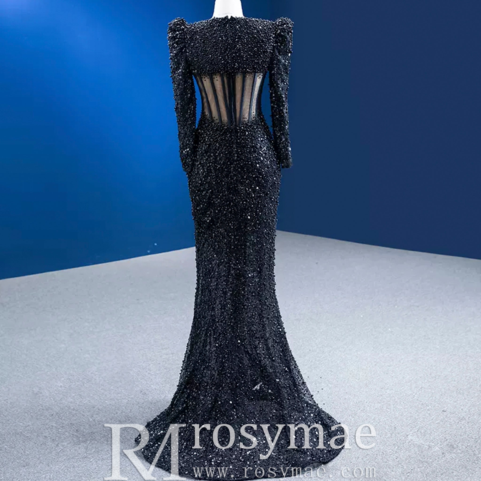 Sheer Bodice Black Mermaid Evening Dress Prom Gown with Long Sleeve Black / 16 Sheer Bodice Black Mermaid Evening Dress Prom Gown with Long Sleeve Black / 16