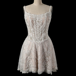 Glamorous Heavily Beaded Corset Mini Dress with Illusion Bodice and Scalloped Hemline
