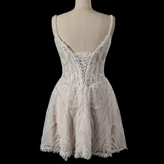 Glamorous Heavily Beaded Corset Mini Dress with Illusion Bodice and Scalloped Hemline