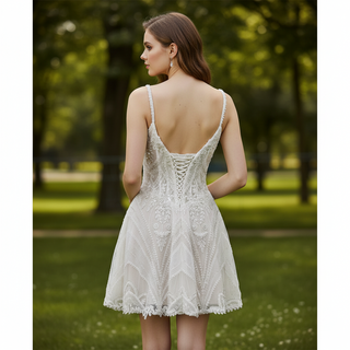Glamorous Heavily Beaded Corset Mini Dress with Illusion Bodice and Scalloped Hemline