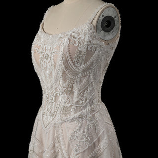 Glamorous Heavily Beaded Corset Mini Dress with Illusion Bodice and Scalloped Hemline