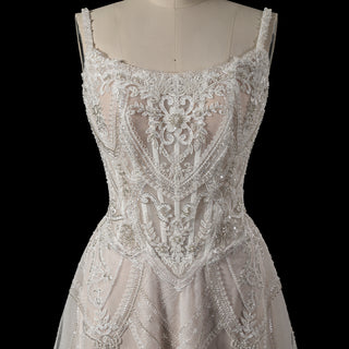 Glamorous Heavily Beaded Corset Mini Dress with Illusion Bodice and Scalloped Hemline