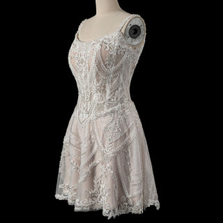 Glamorous Heavily Beaded Corset Mini Dress with Illusion Bodice and Scalloped Hemline
