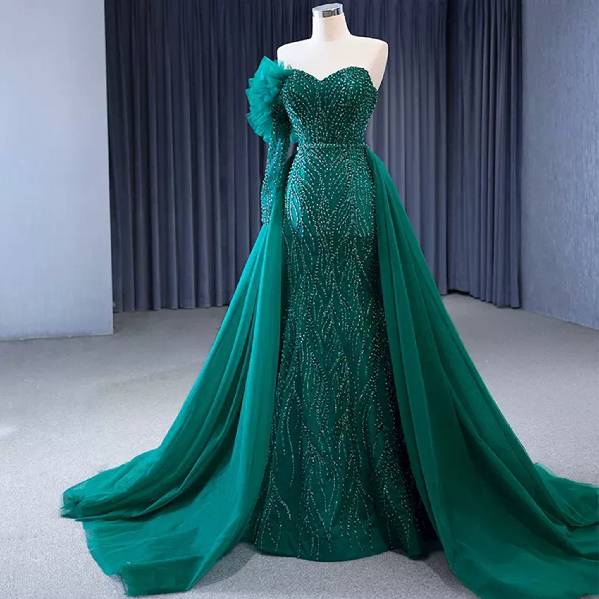 Beaded Green Mermaid Evening Dress Removable Overskirt One Shoulder Formal Dress Jade / 6 Beaded Green Mermaid Evening Dress Removable Overskirt One Shoulder Formal Dress Jade / 6