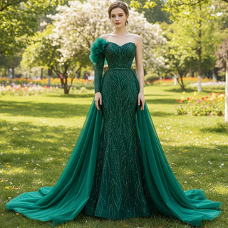 Beaded Green Mermaid Evening Dress Removable Overskirt One Shoulder Formal Dress
