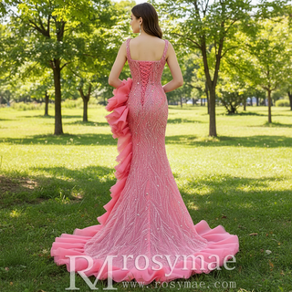 Beaded Hot Pink Ruffled Mermaid Evening Dress Square Neck Prom Gown