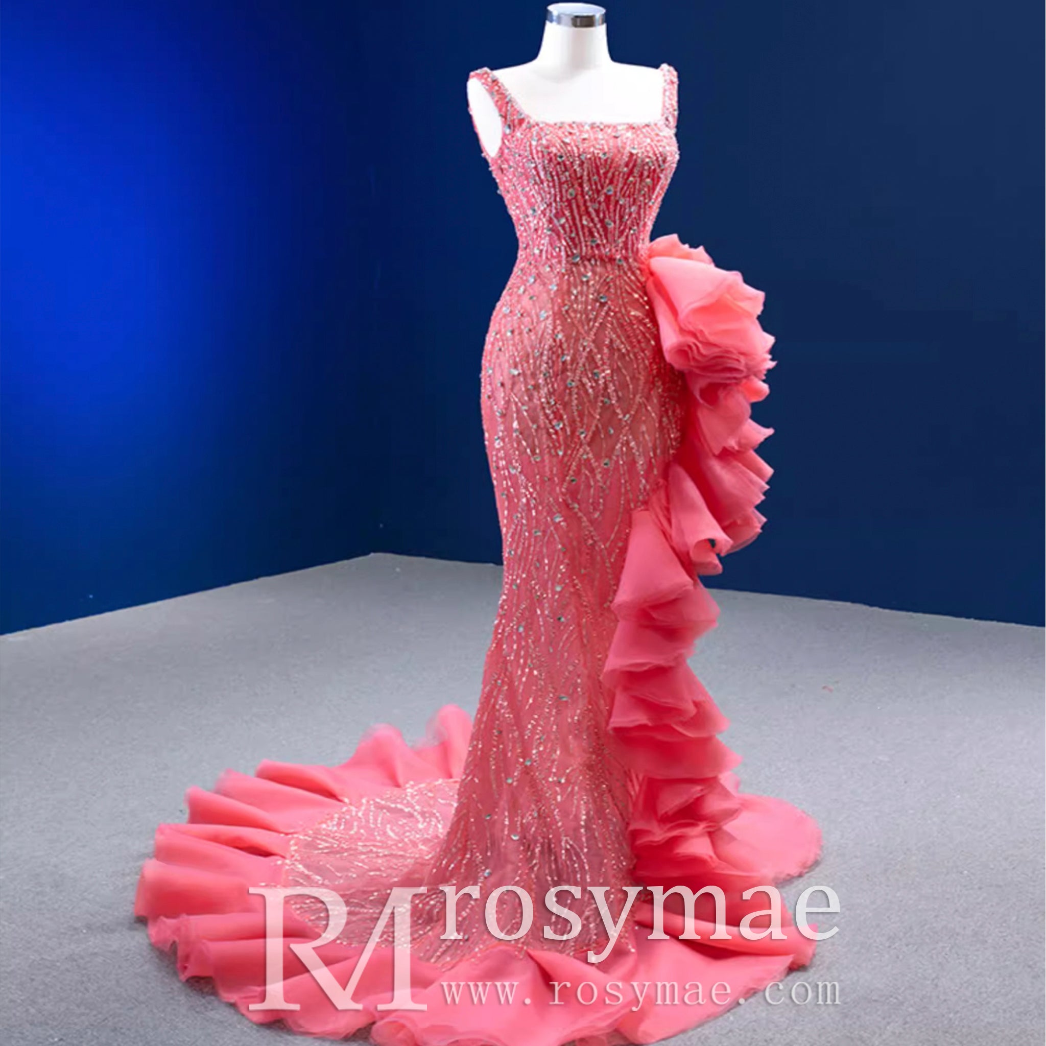 Beaded Hot Pink Ruffled Mermaid Evening Dress Square Neck Prom Gown Pink / 28W Beaded Hot Pink Ruffled Mermaid Evening Dress Square Neck Prom Gown Pink / 28W