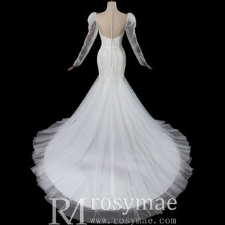 Luxurious Puff Sleeves Mermaid Wedding Dress with Illusion High-Neck
