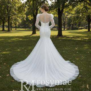 Luxurious Puff Sleeves Mermaid Wedding Dress with Illusion High-Neck
