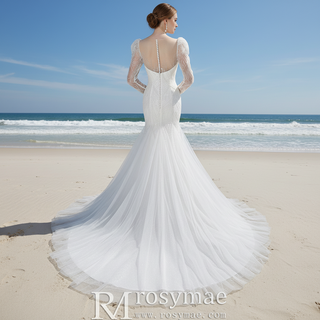 Luxurious Puff Sleeves Mermaid Wedding Dress with Illusion High-Neck