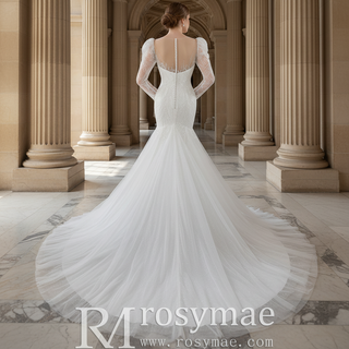 Luxurious Puff Sleeves Mermaid Wedding Dress with Illusion High-Neck
