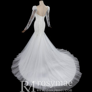 Luxurious Puff Sleeves Mermaid Wedding Dress with Illusion High-Neck