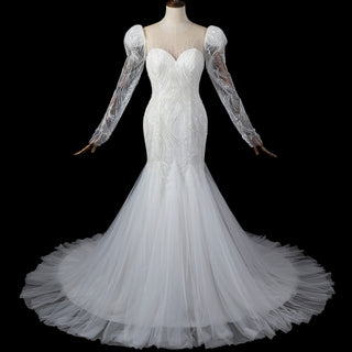 Luxurious Puff Sleeves Mermaid Wedding Dress with Illusion High-Neck