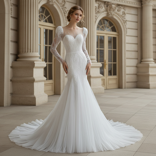 Luxurious Puff Sleeves Mermaid Wedding Dress with Illusion High-Neck