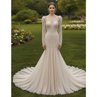 Luxurious Puff Sleeves Mermaid Wedding Dress with Illusion High-Neck