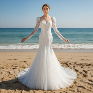 Luxurious Puff Sleeves Mermaid Wedding Dress with Illusion High-Neck
