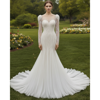 Luxurious Puff Sleeves Mermaid Wedding Dress with Illusion High-Neck