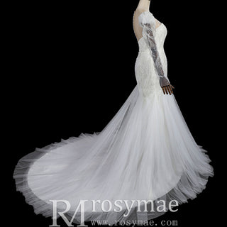 Luxurious Puff Sleeves Mermaid Wedding Dress with Illusion High-Neck