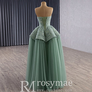Strapless Sage Ball Gown with Beaded Bodice Peplum Waist & Voluminous Tulle Skirt