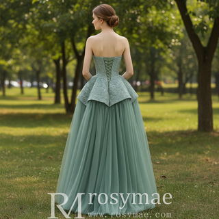 Strapless Sage Ball Gown with Beaded Bodice Peplum Waist & Voluminous Tulle Skirt