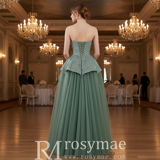 Strapless Sage Ball Gown with Beaded Bodice Peplum Waist & Voluminous Tulle Skirt