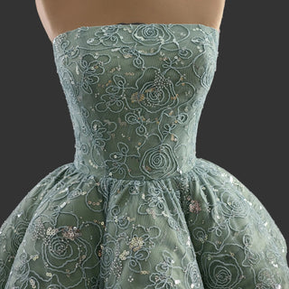 Strapless Sage Ball Gown with Beaded Bodice Peplum Waist & Voluminous Tulle Skirt