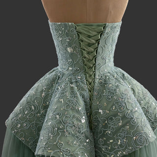 Strapless Sage Ball Gown with Beaded Bodice Peplum Waist & Voluminous Tulle Skirt