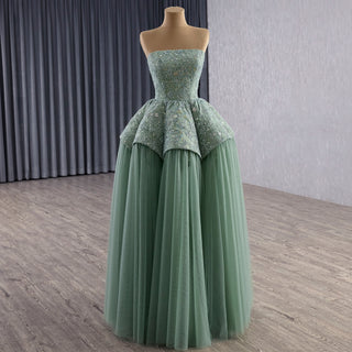 Strapless Sage Ball Gown with Beaded Bodice Peplum Waist & Voluminous Tulle Skirt