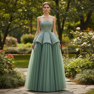 Strapless Sage Ball Gown with Beaded Bodice Peplum Waist & Voluminous Tulle Skirt