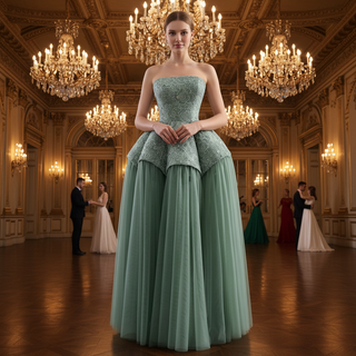 Strapless Sage Ball Gown with Beaded Bodice Peplum Waist & Voluminous Tulle Skirt