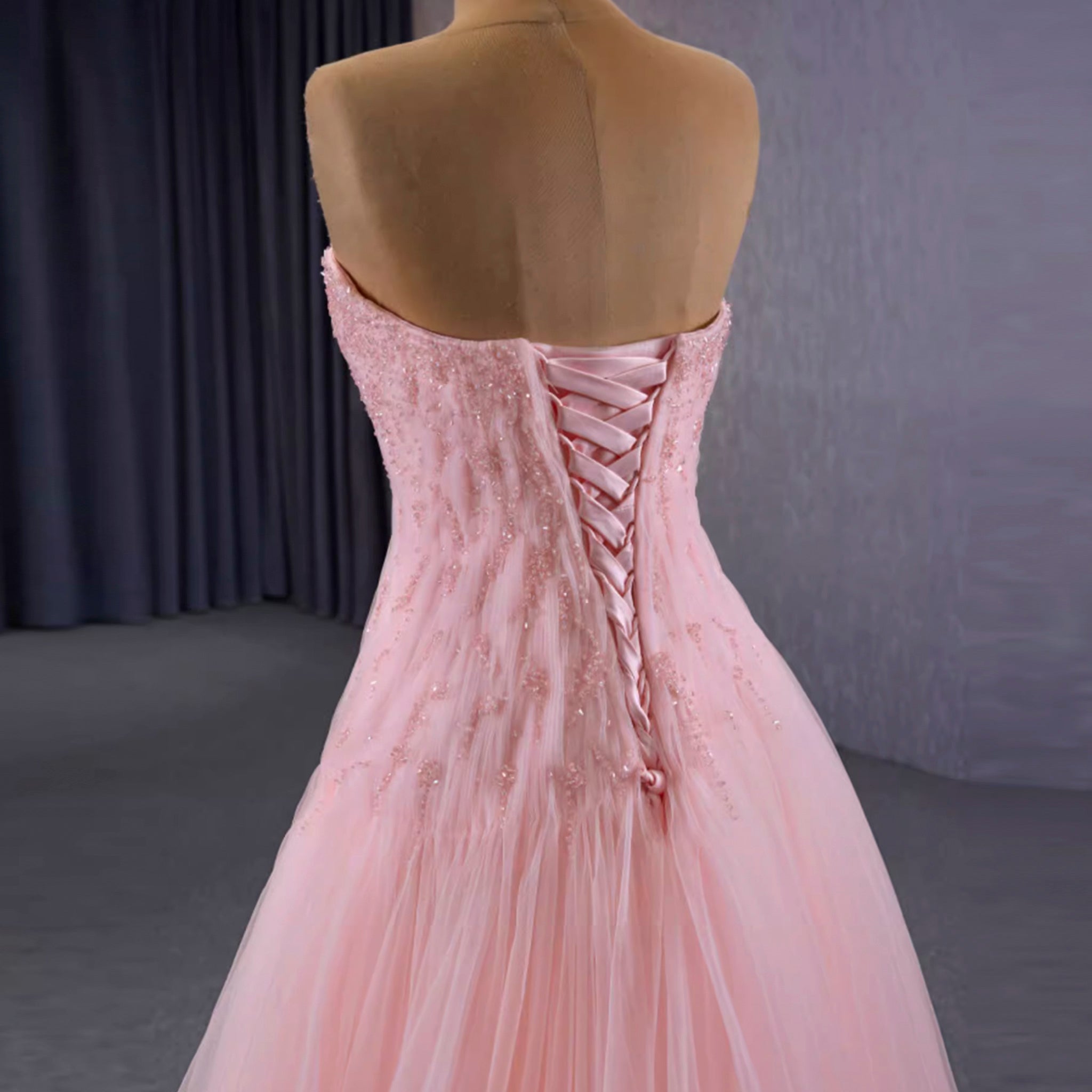 A-line Pink Strapless Prom Dress Beaded Tulle Formal Gown Rosymae A-line Pink Strapless Prom Dress Beaded Tulle Formal Gown Rosymae