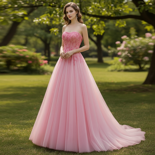 A-line Pink Strapless Prom Dress Beaded Tulle Formal Gown