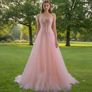 A-line Pink Strapless Prom Dress Beaded Tulle Formal Gown