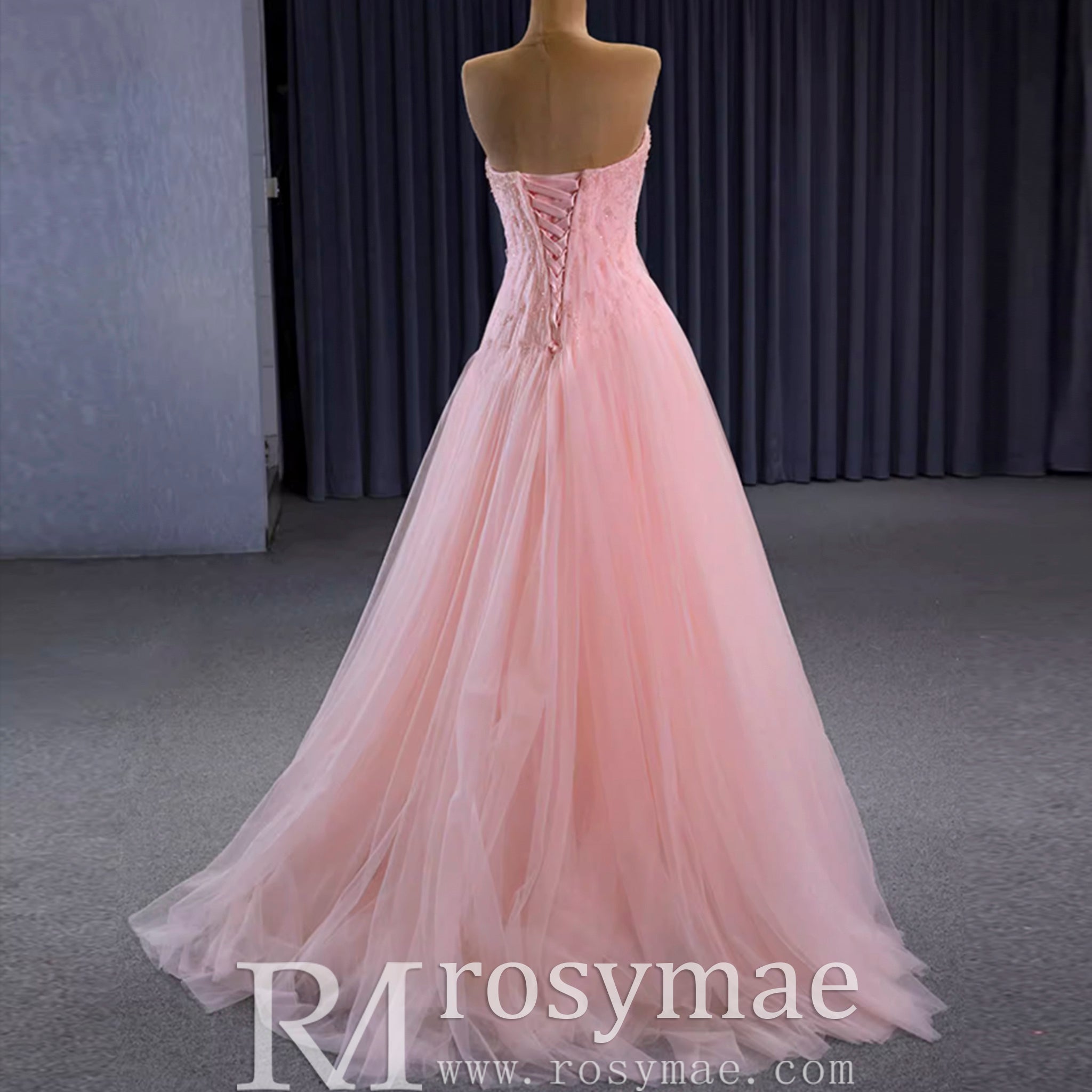 A-line Pink Strapless Prom Dress Beaded Tulle Formal Gown Rosymae A-line Pink Strapless Prom Dress Beaded Tulle Formal Gown Rosymae
