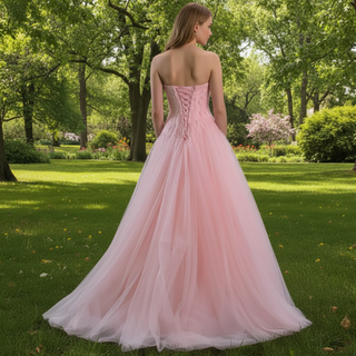 A-line Pink Strapless Prom Dress Beaded Tulle Formal Gown