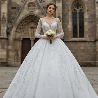 Beaded Sparkly Arabric Wedding Dress with Long Sleeve Ball Gown