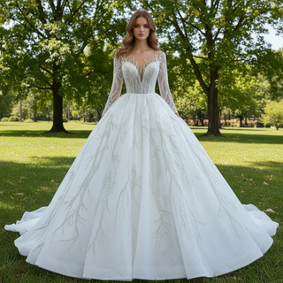 Beaded Sparkly Arabric Wedding Dress with Long Sleeve Ball Gown