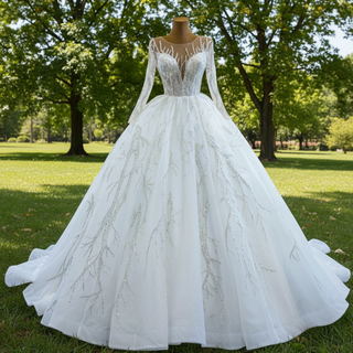 Beaded Sparkly Arabric Wedding Dress with Long Sleeve Ball Gown